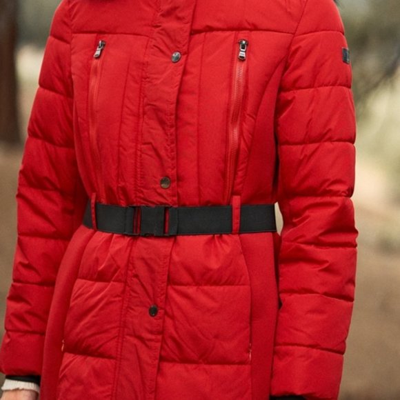 Red Faux Fur Harness Buckle Belt Detail Long Fitte - Picture 7 of 7